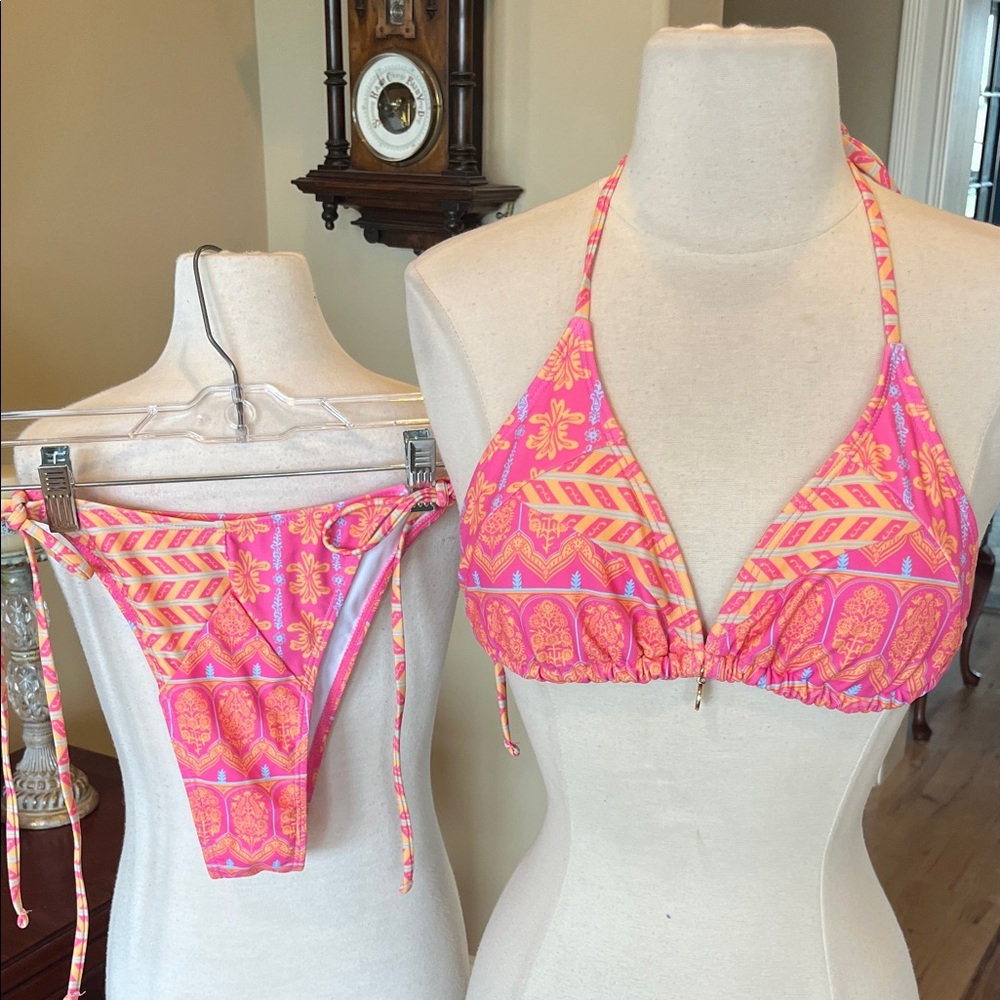 Colorful String Bikini Top Bottoms Set Pink Orange Women’s Medium